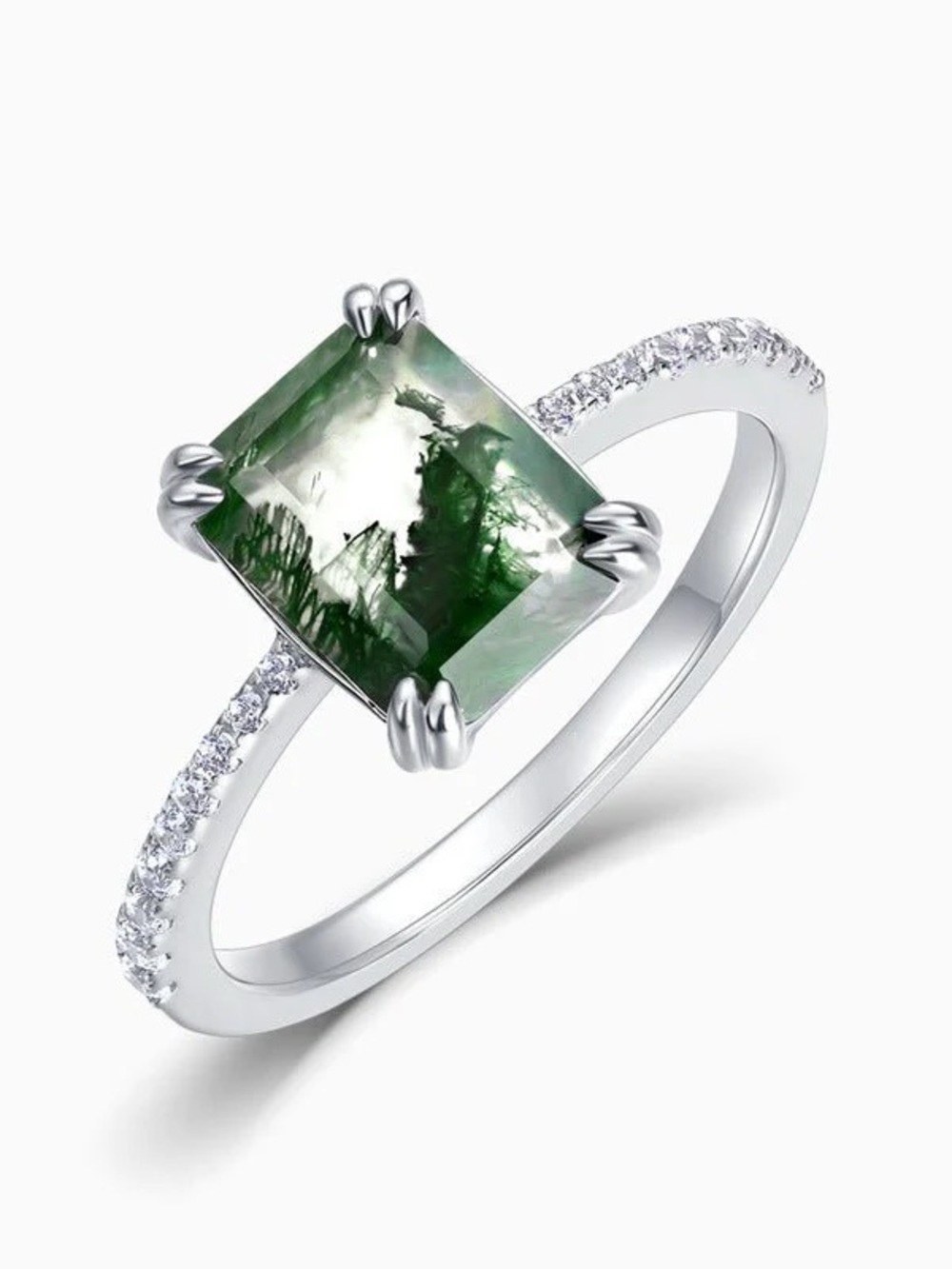 Green Moss Agate Ring • Emerald Cut Engagement Ring Nature Inspired Sterling